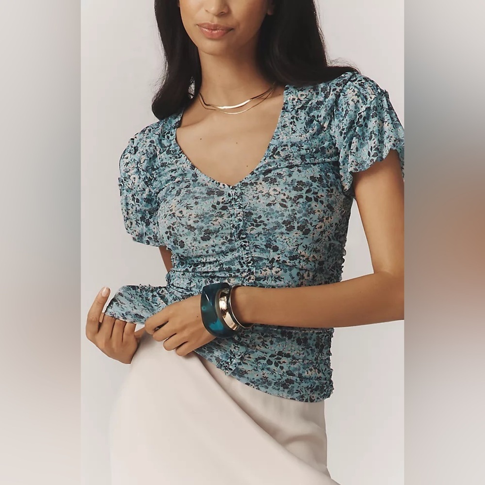 Antheopologie-Elegant Blue Floral Ruched V-Neck Women's Top, M.